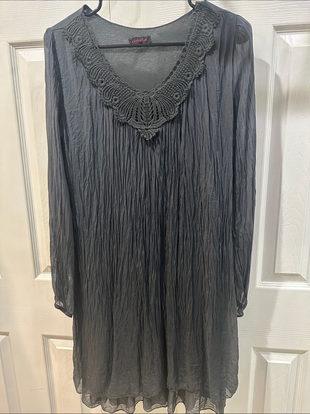 Carla Conti Charcoal Silk Dress Long Sleeve Lace Scoop Neck 🇮🇹